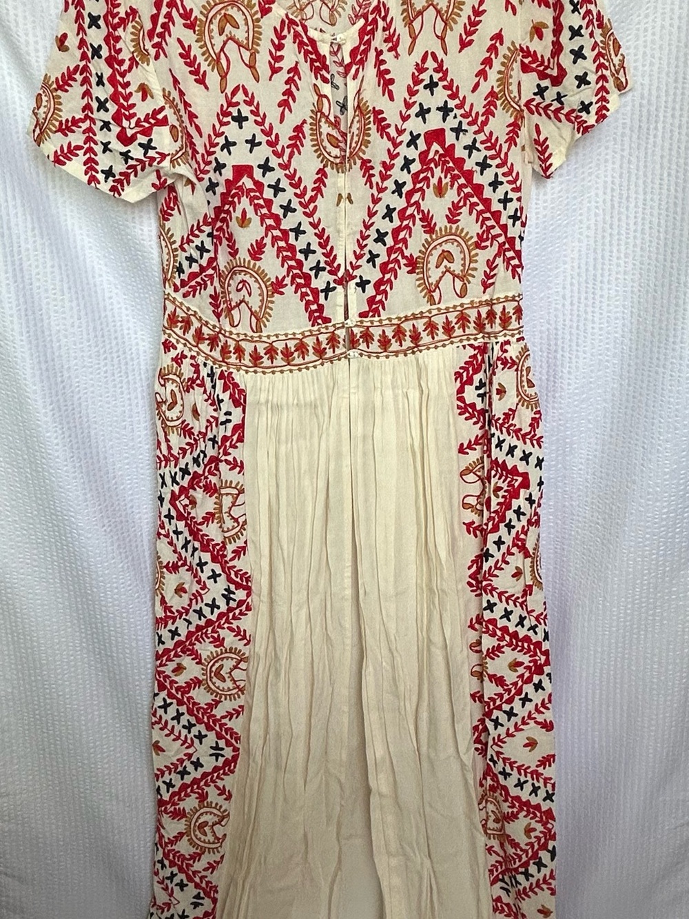 Tessora Embroidered Cream & Red Maxi Dress / Beach Cover-Up Size S